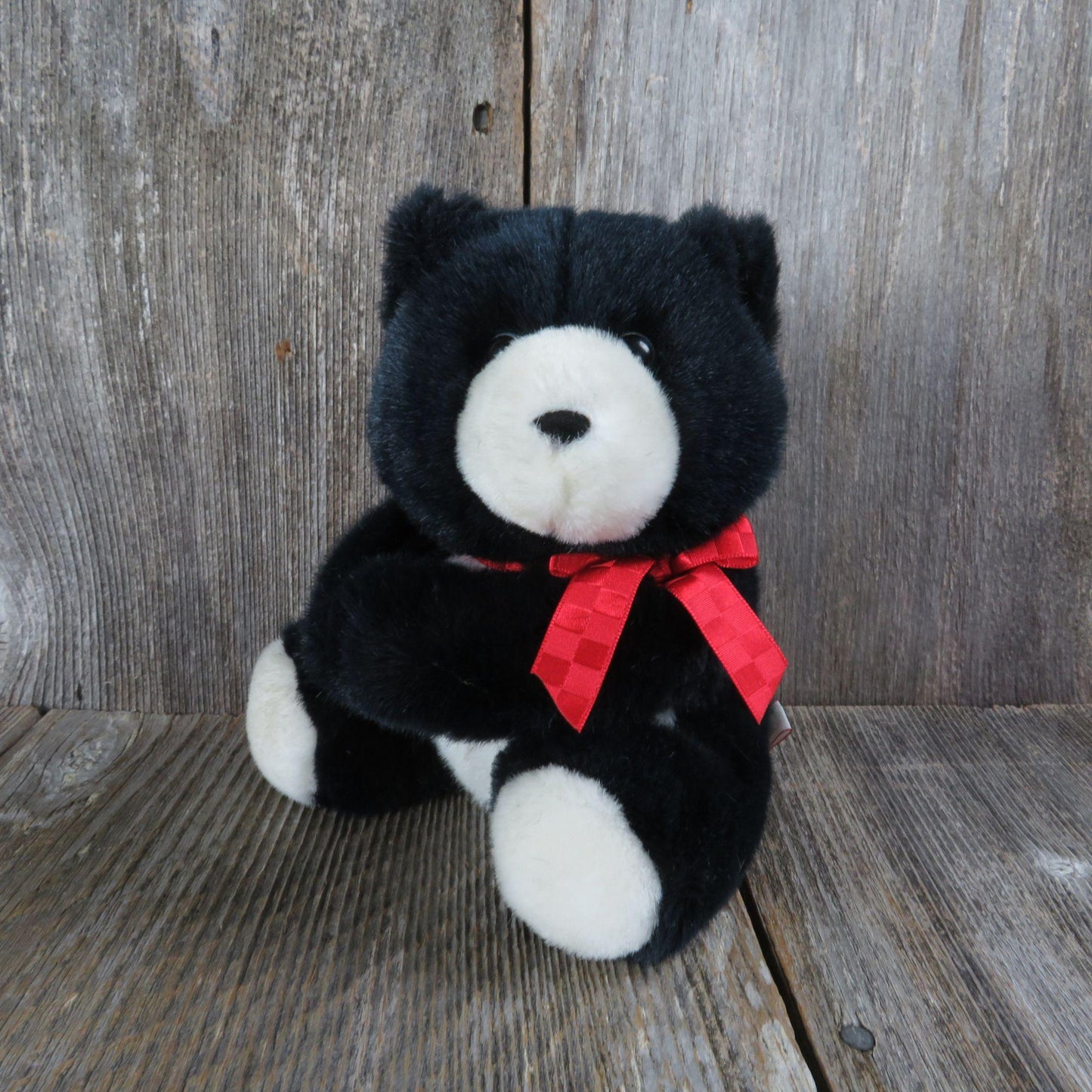 Vintage Teddy Bear Plush Pinch Arms Hallmark Black and White Nose and Belly Red Bow 1990