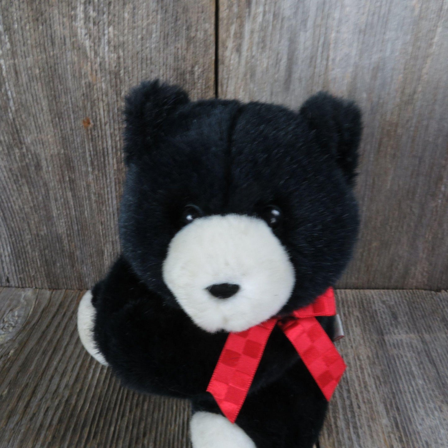 Vintage Teddy Bear Plush Pinch Arms Hallmark Black and White Nose and Belly Red Bow 1990