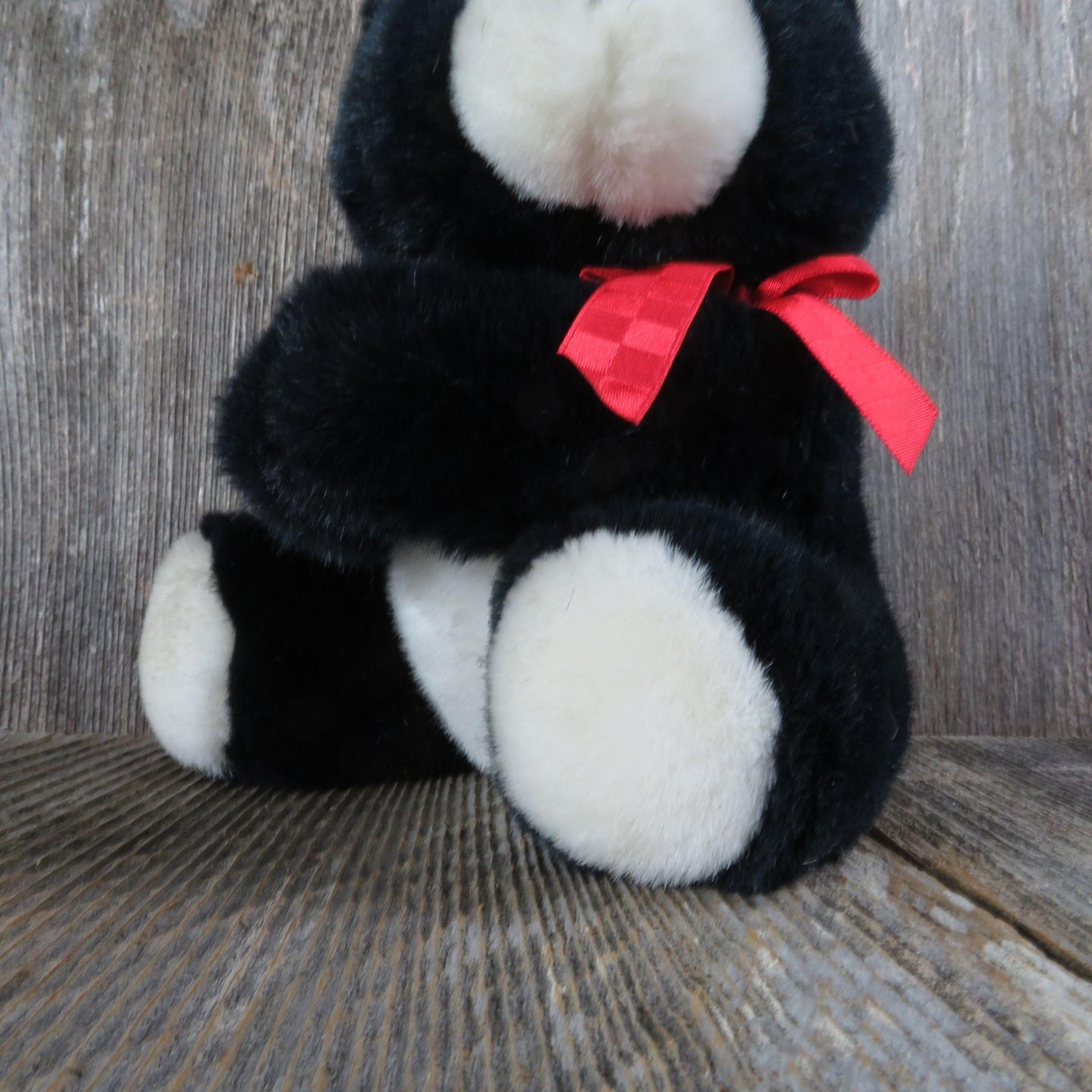 Vintage Teddy Bear Plush Pinch Arms Hallmark Black and White Nose and Belly Red Bow 1990