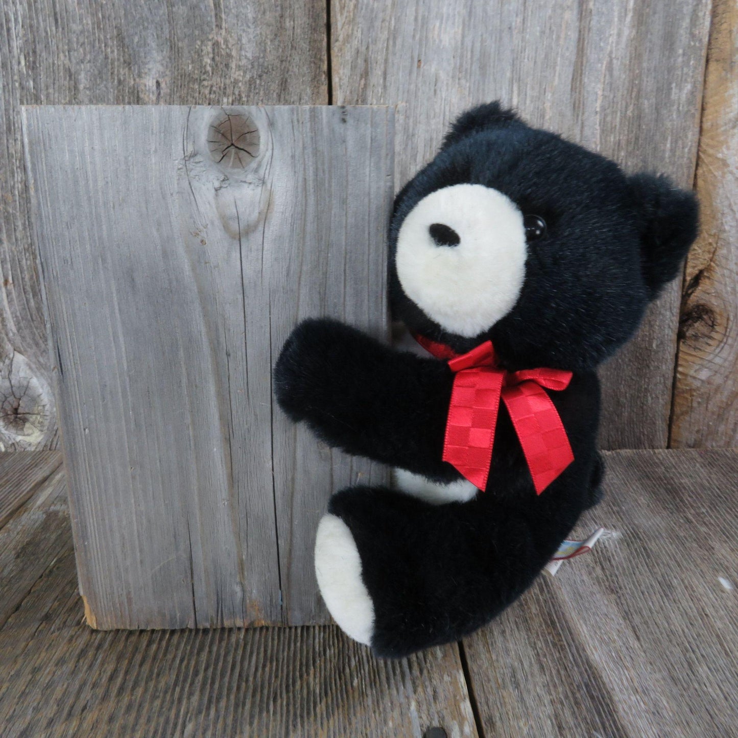 Vintage Teddy Bear Plush Pinch Arms Hallmark Black and White Nose and Belly Red Bow 1990