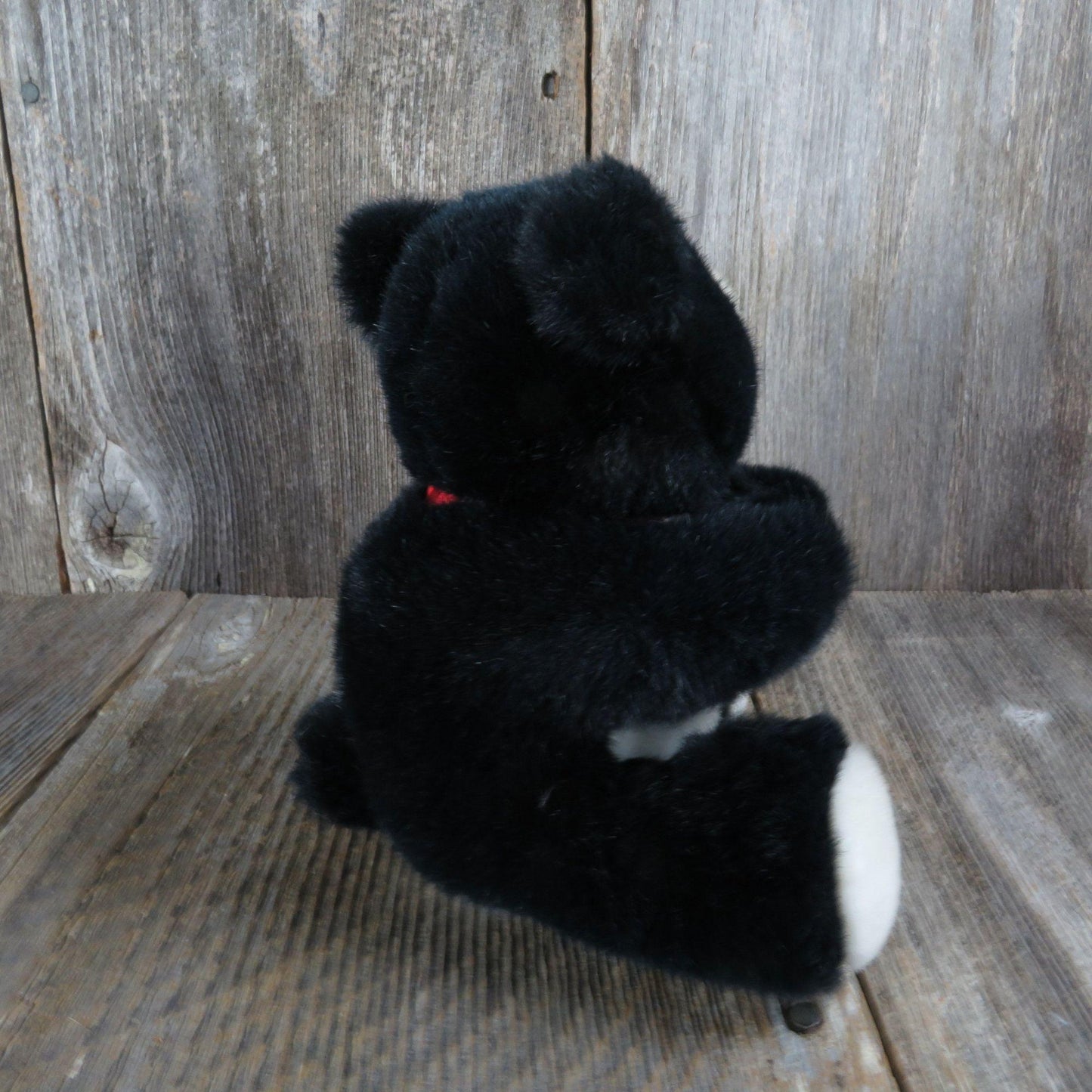 Vintage Teddy Bear Plush Pinch Arms Hallmark Black and White Nose and Belly Red Bow 1990