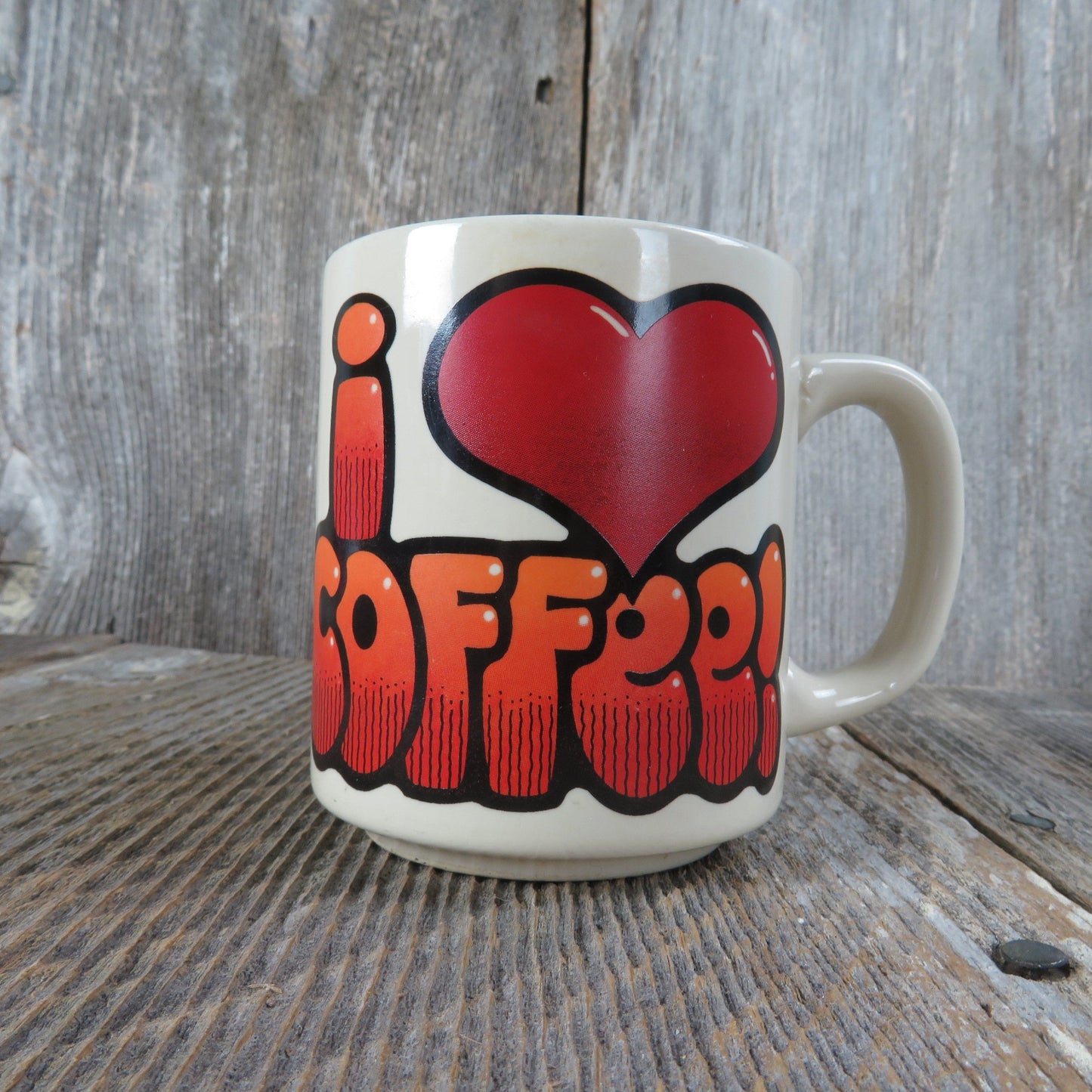 Vintage I Love Coffee Sayings Mug Cup 1983 CM Paula Heart Red Orange Bubble Letter Humorous Groovy Hippie