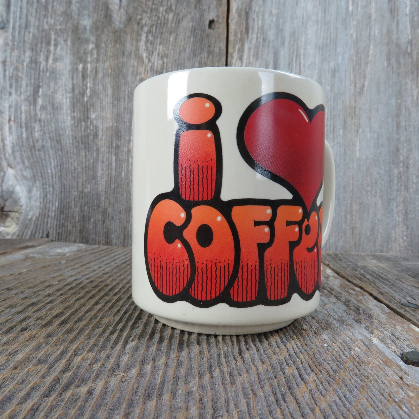 Vintage I Love Coffee Sayings Mug Cup 1983 CM Paula Heart Red Orange Bubble Letter Humorous Groovy Hippie