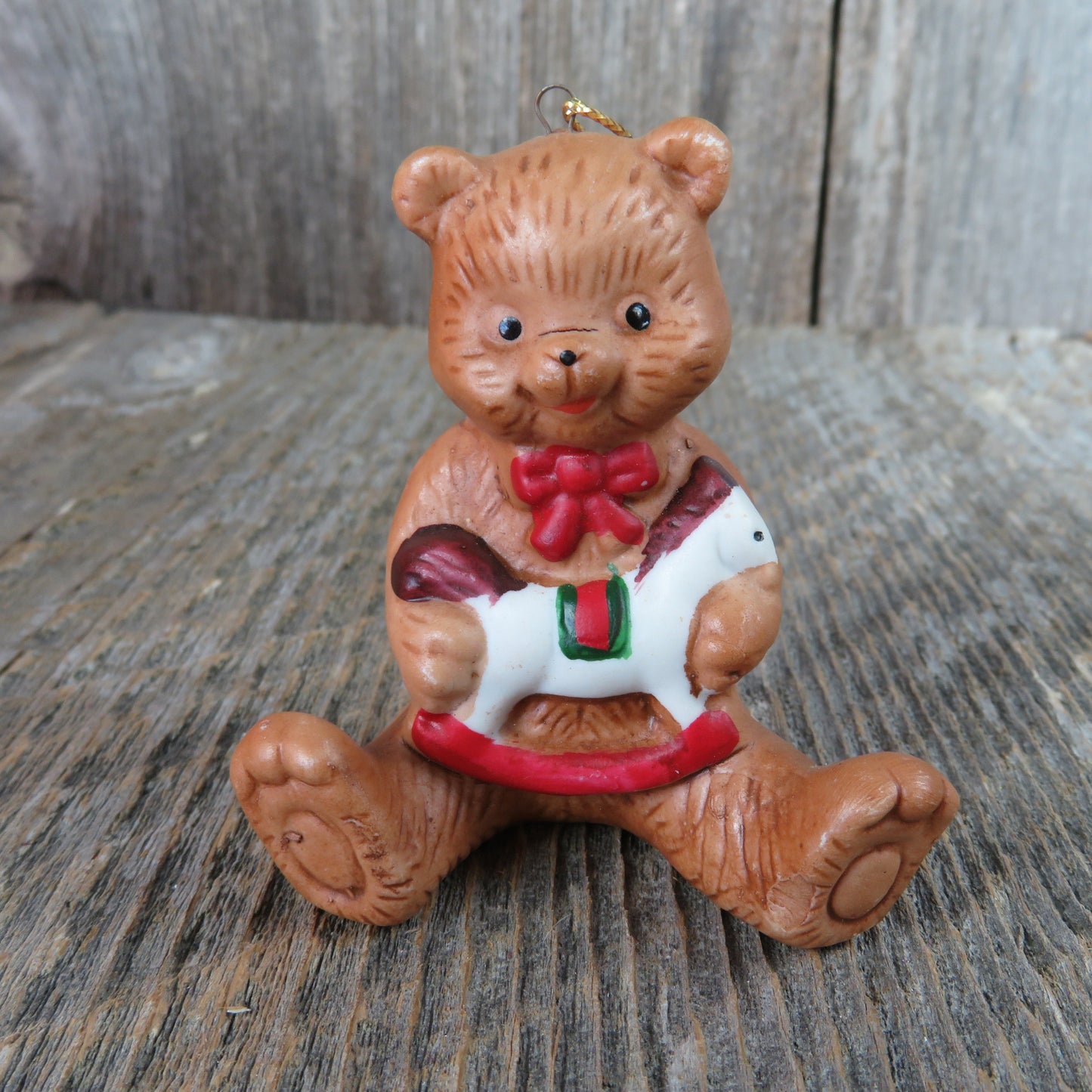 Vintage Teddy Bear with Rocking Horse Toy Ornament Ceramic Sitting Christmas Bisque Taiwan