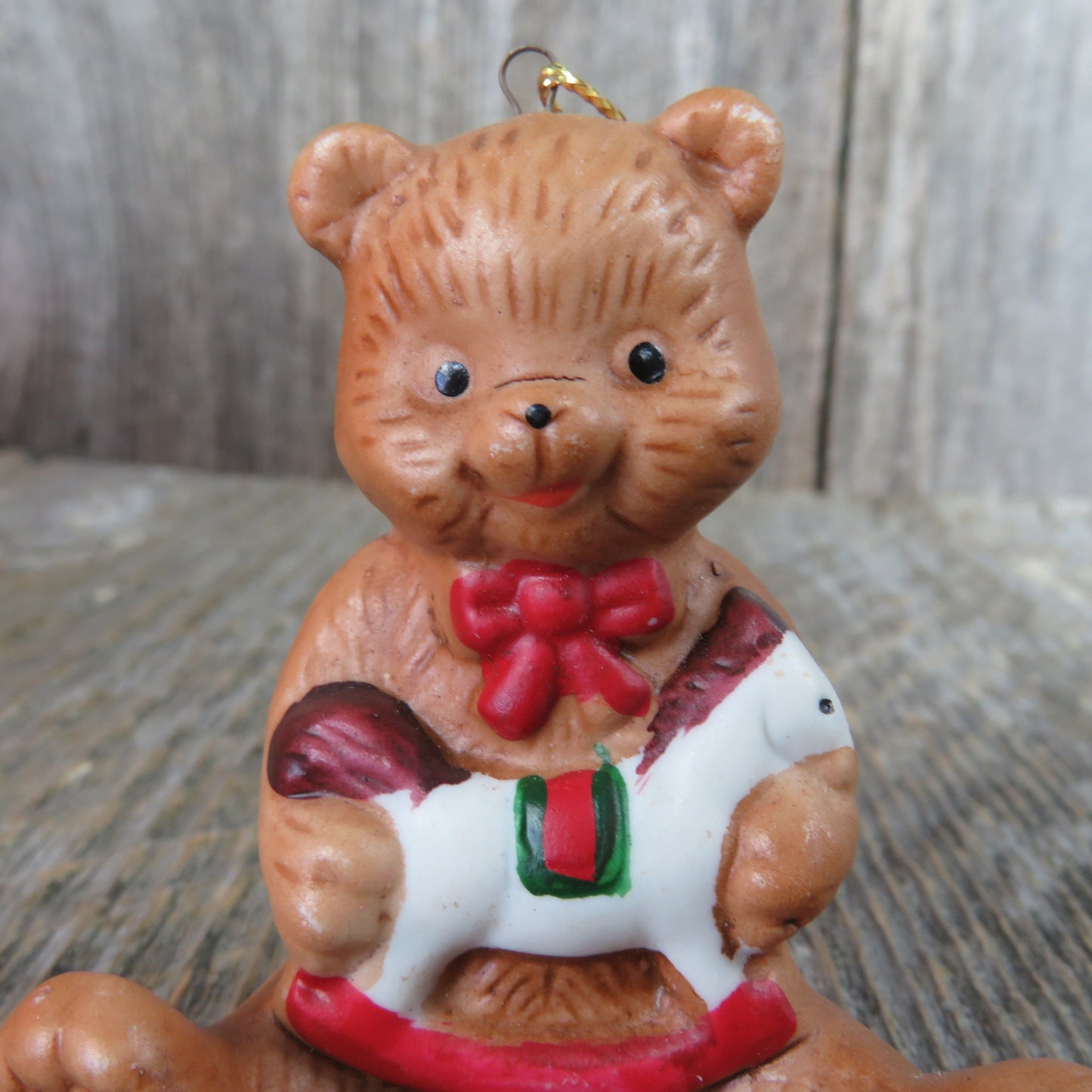 Vintage Teddy Bear with Rocking Horse Toy Ornament Ceramic Sitting Christmas Bisque Taiwan