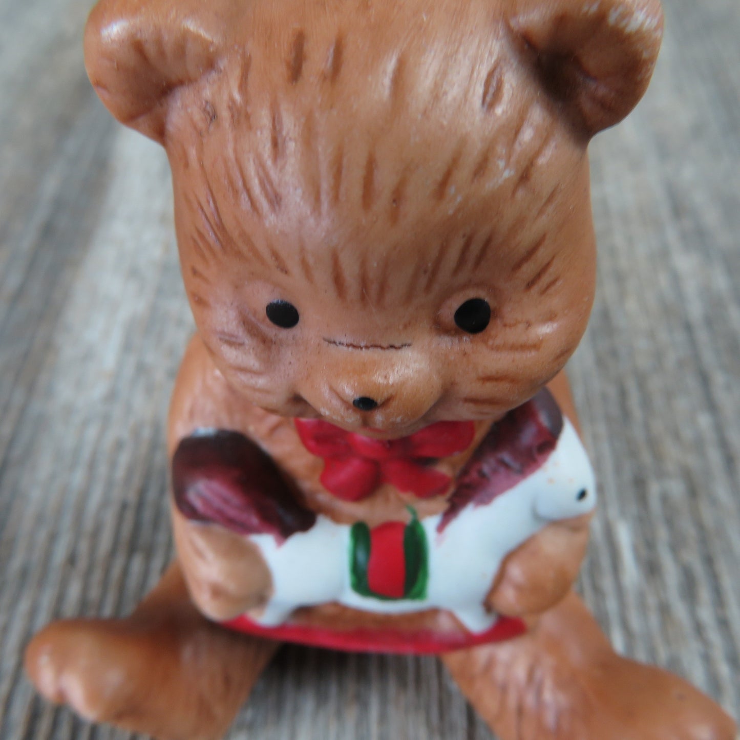 Vintage Teddy Bear with Rocking Horse Toy Ornament Ceramic Sitting Christmas Bisque Taiwan