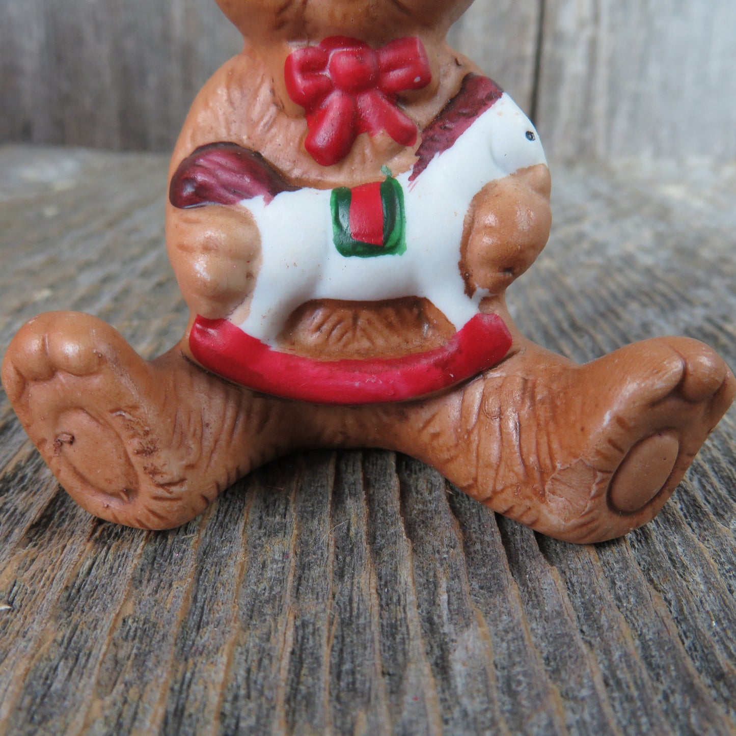 Vintage Teddy Bear with Rocking Horse Toy Ornament Ceramic Sitting Christmas Bisque Taiwan