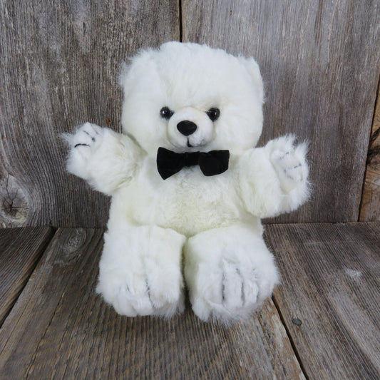 Vintage Teddy Bear Plush Sitting White Black Bow Tie American Wego Stuffed Animal