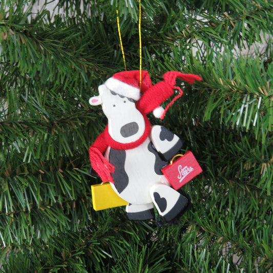 Vintage Shopping Cow Ornament Wooden Avon Christmas Holstein Black White Red Santa Hat Wood Country Rustic