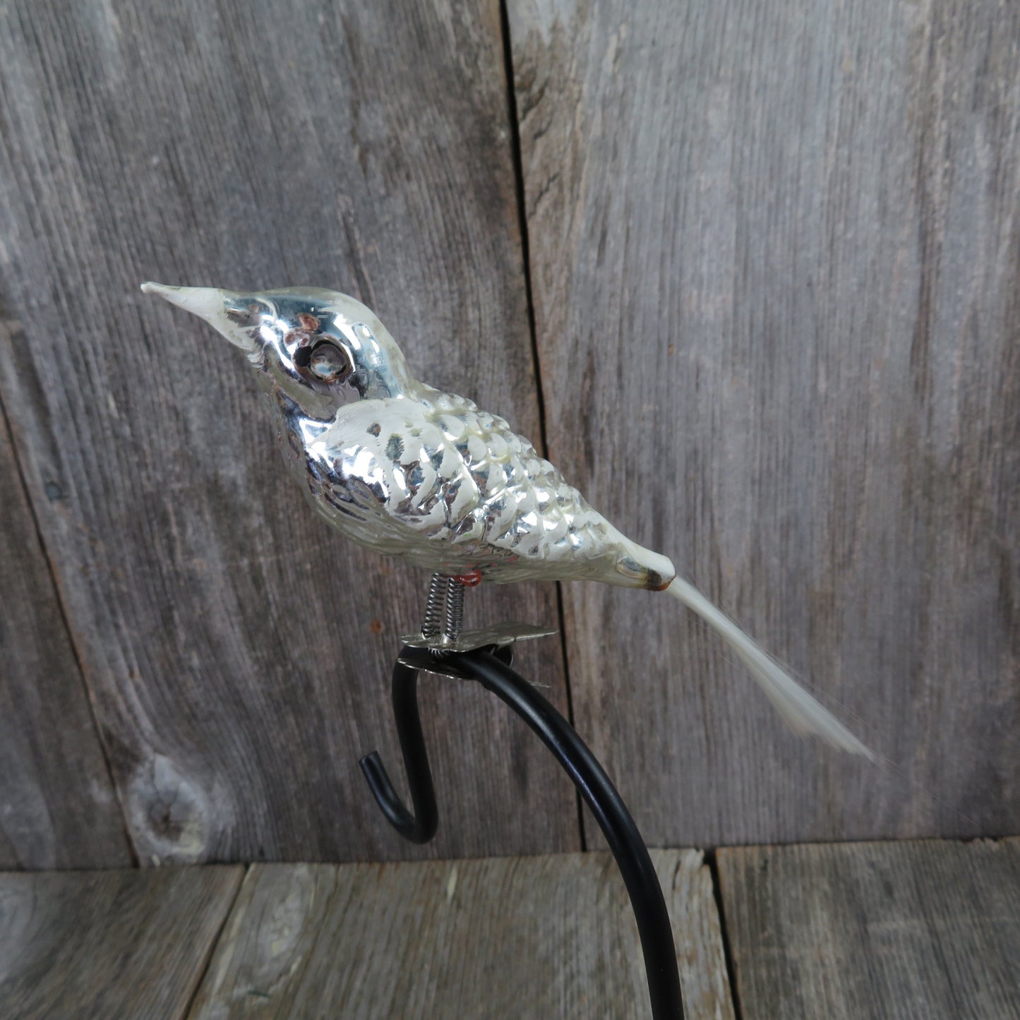 Vintage Mercury Glass Bird Clip Ornament Silver Painted White Tail Christmas