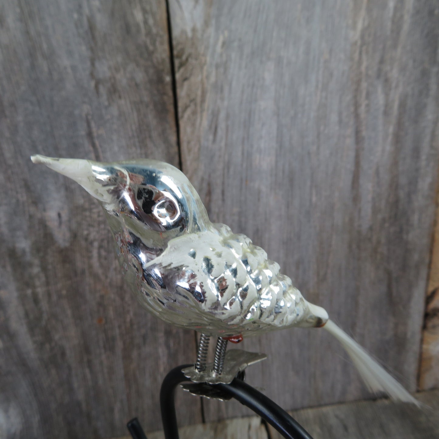 Vintage Mercury Glass Bird Clip Ornament Silver Painted White Tail Christmas