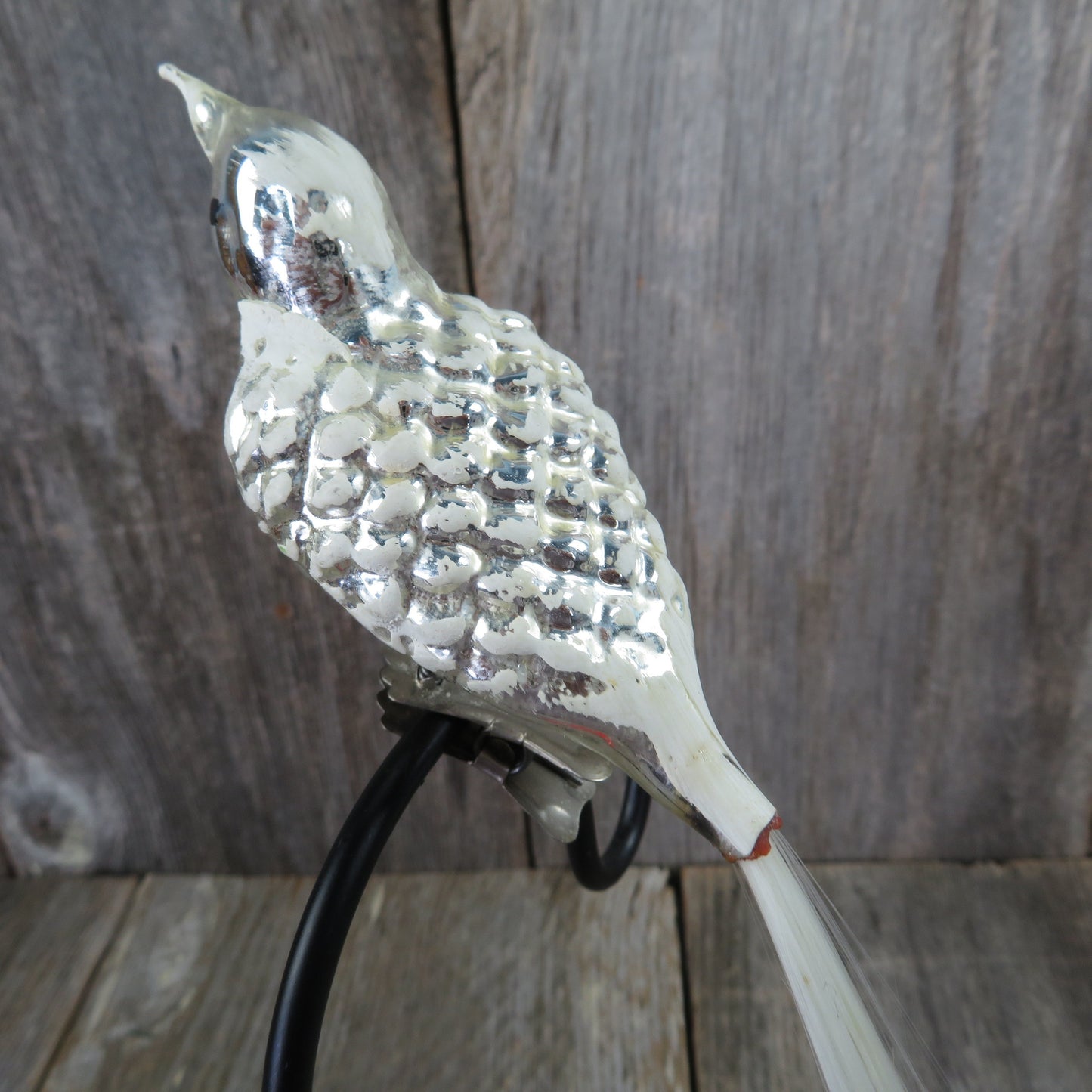 Vintage Mercury Glass Bird Clip Ornament Silver Painted White Tail Christmas