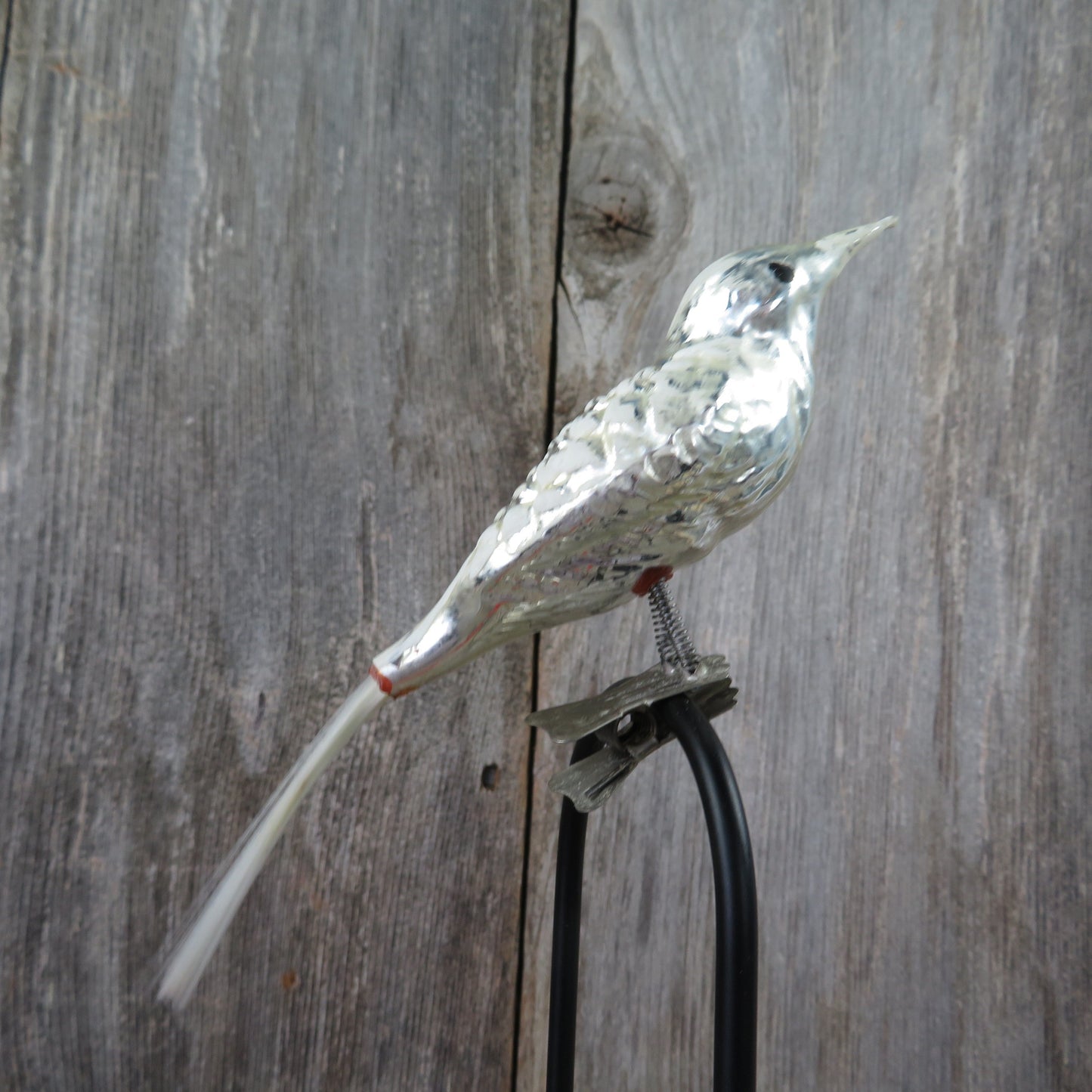 Vintage Mercury Glass Bird Clip Ornament Silver Painted White Tail Christmas