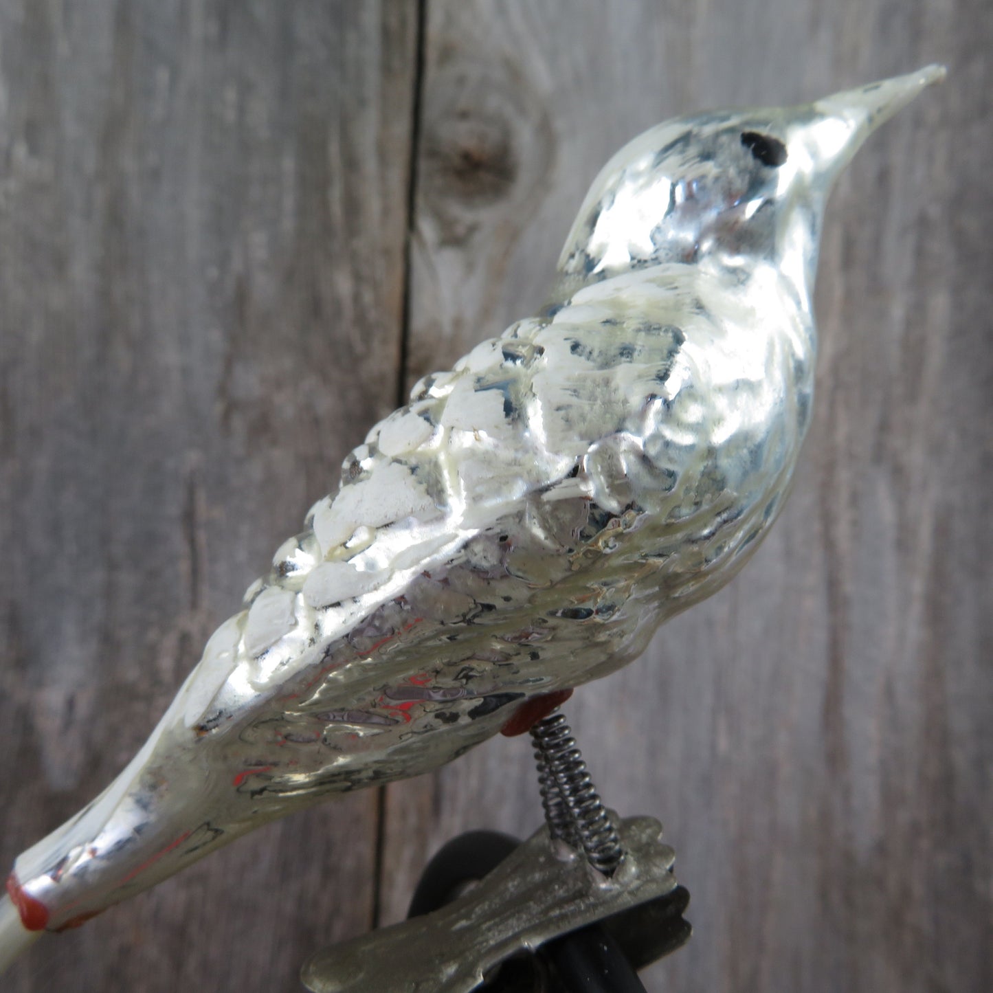 Vintage Mercury Glass Bird Clip Ornament Silver Painted White Tail Christmas