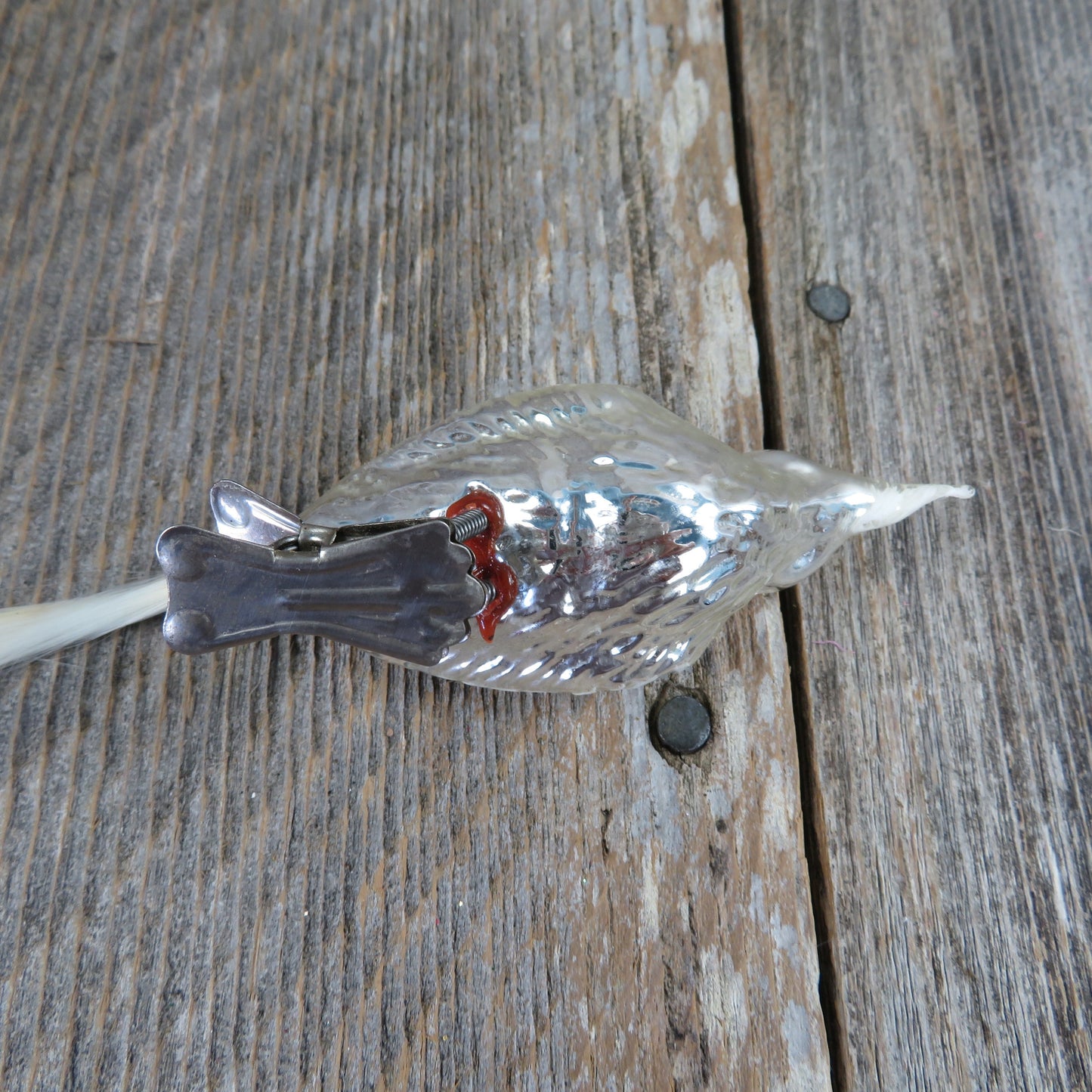 Vintage Mercury Glass Bird Clip Ornament Silver Painted White Tail Christmas