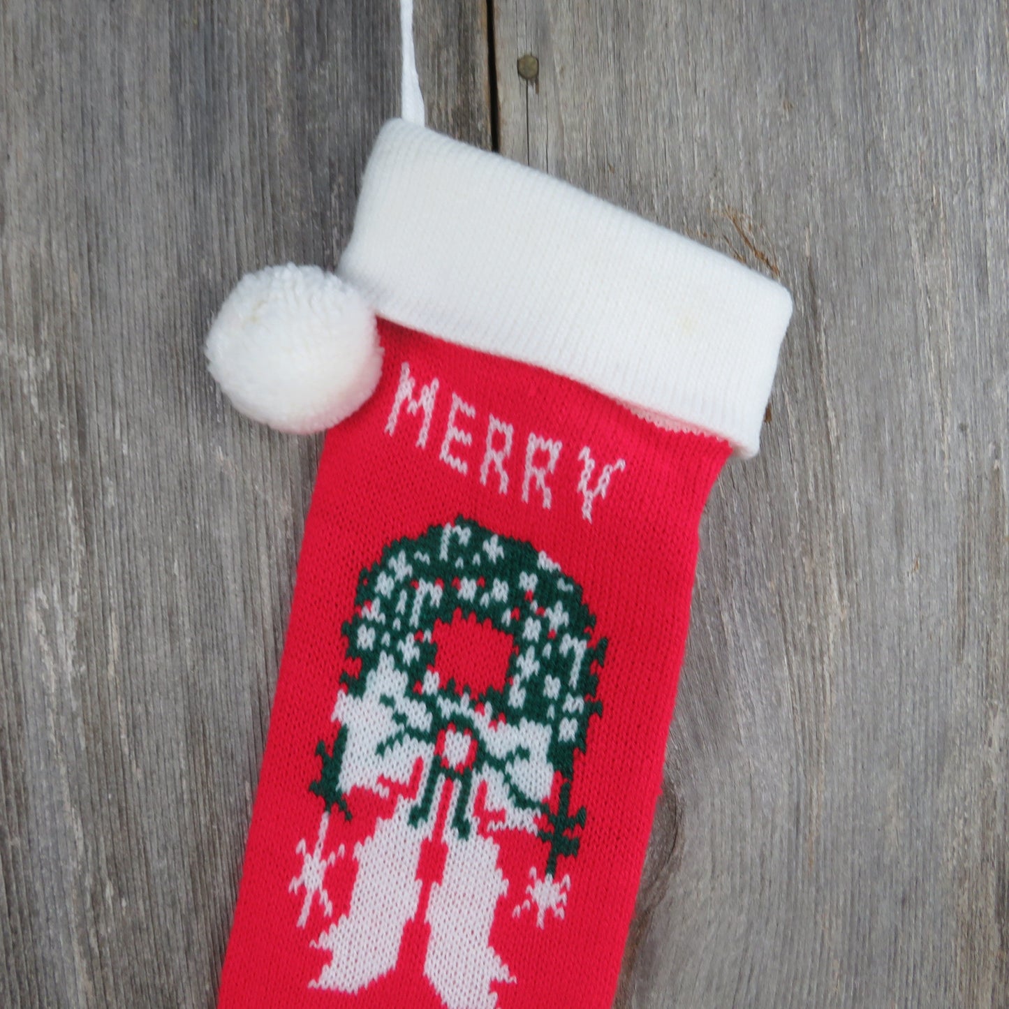 Vintage Merry Christmas Wreath Knit Stocking Red White Green Pom Pom 1980s