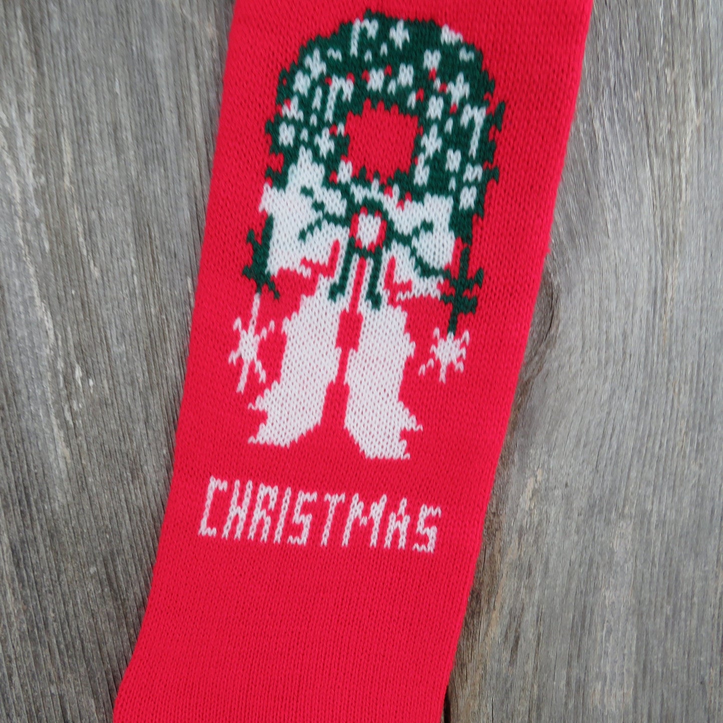 Vintage Merry Christmas Wreath Knit Stocking Red White Green Pom Pom 1980s