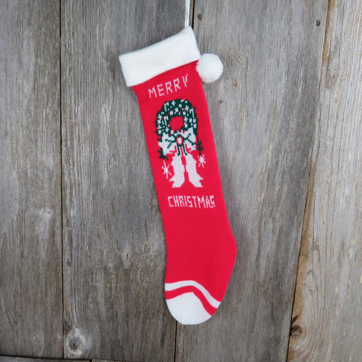 Vintage Merry Christmas Wreath Knit Stocking Red White Green Pom Pom 1980s