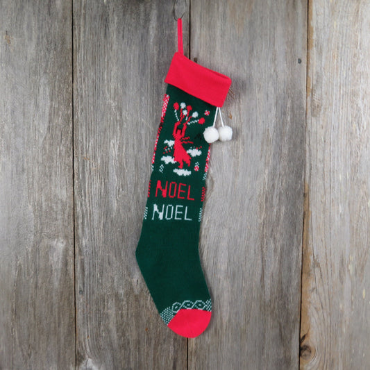 Vintage Knit Balloon Stocking Noel Christmas Knitted Girl In The Air Green Red Clouds Pom Pom