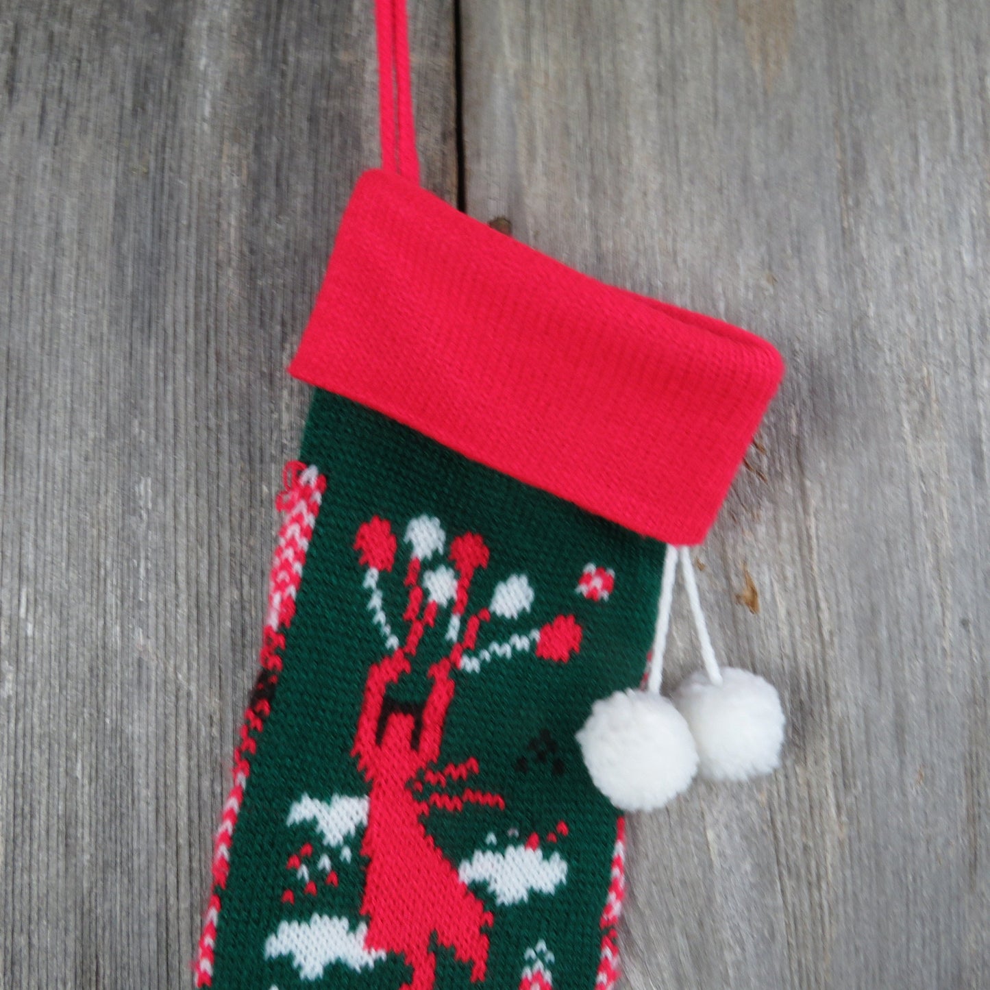 Vintage Knit Balloon Stocking Noel Christmas Knitted Girl In The Air Green Red Clouds Pom Pom