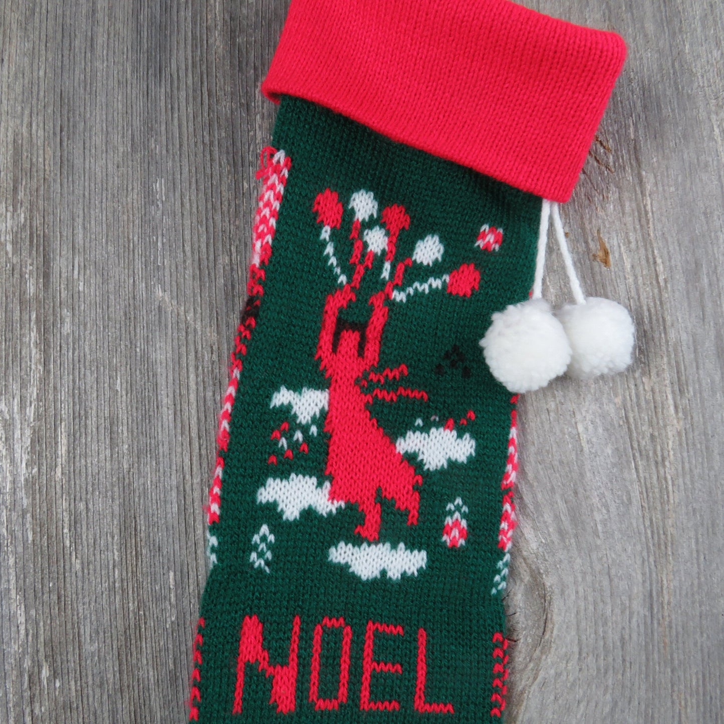 Vintage Knit Balloon Stocking Noel Christmas Knitted Girl In The Air Green Red Clouds Pom Pom