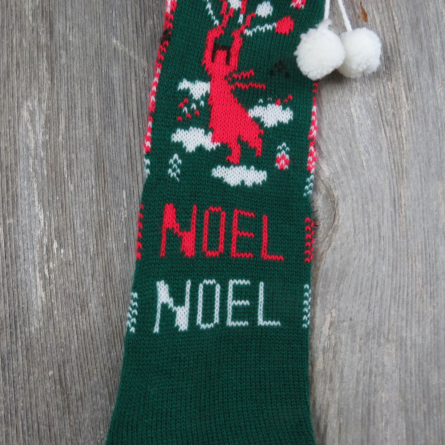 Vintage Knit Balloon Stocking Noel Christmas Knitted Girl In The Air Green Red Clouds Pom Pom