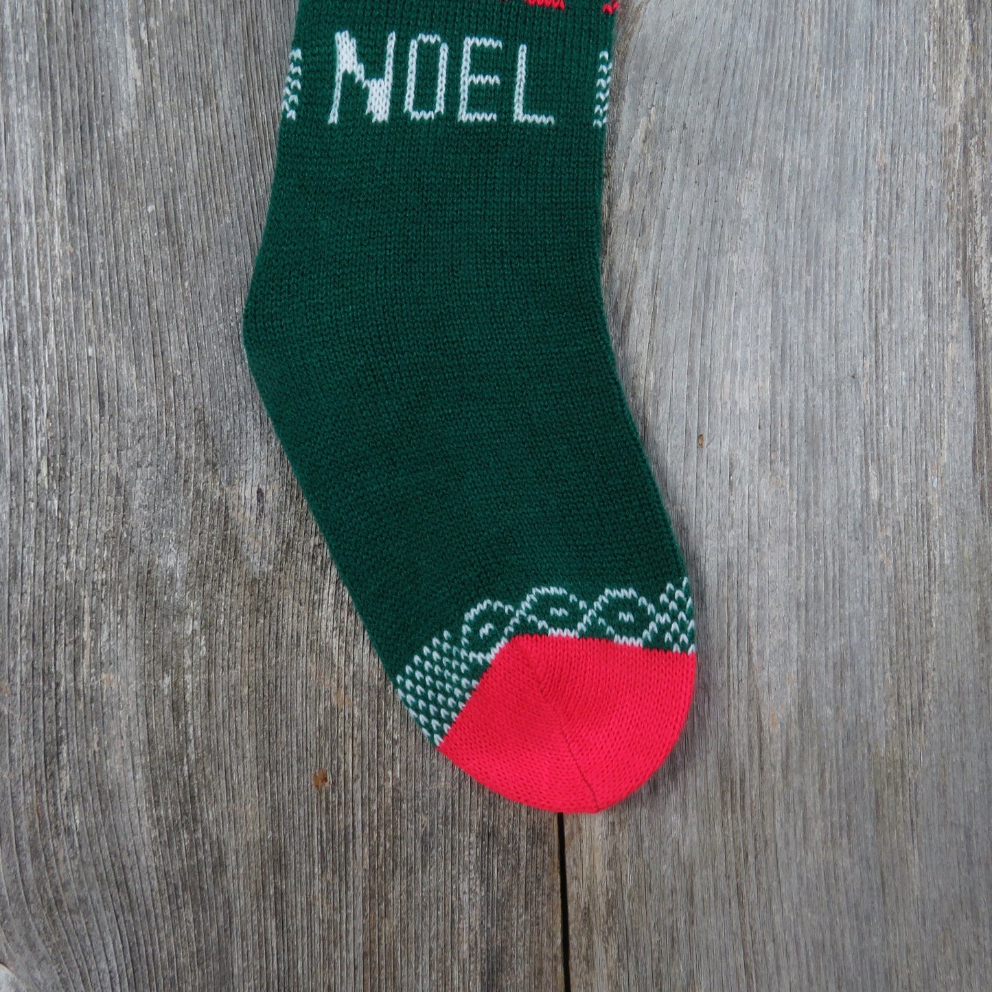 Vintage Knit Balloon Stocking Noel Christmas Knitted Girl In The Air Green Red Clouds Pom Pom