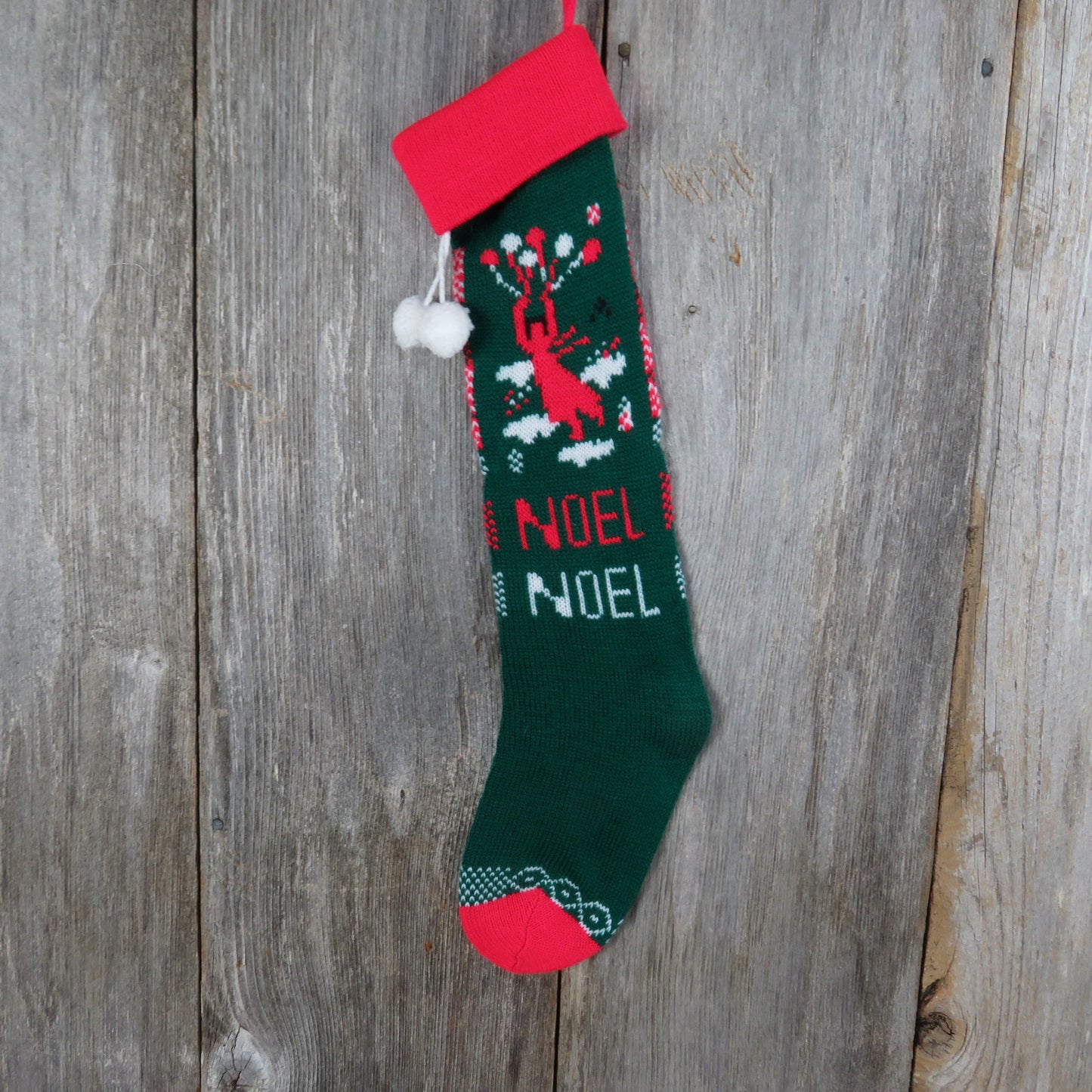 Vintage Knit Balloon Stocking Noel Christmas Knitted Girl In The Air Green Red Clouds Pom Pom