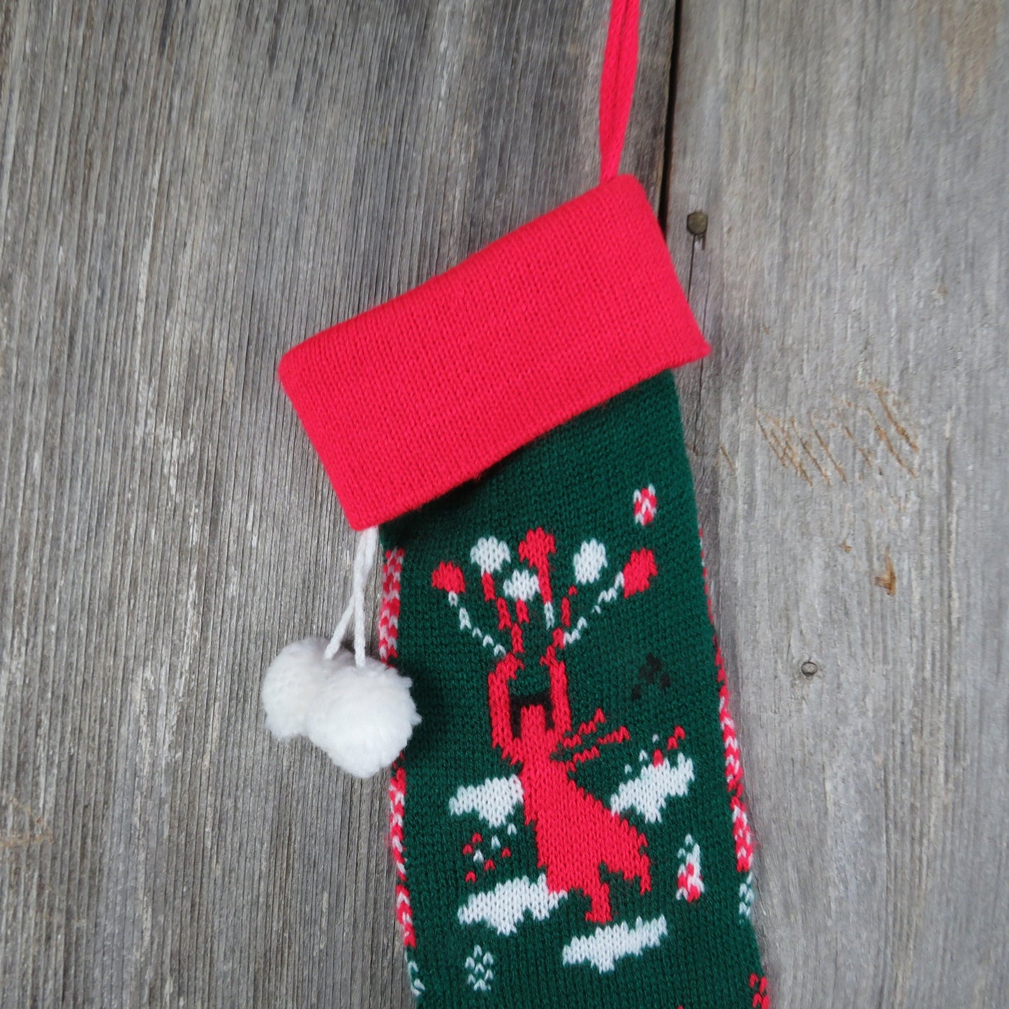 Vintage Knit Balloon Stocking Noel Christmas Knitted Girl In The Air Green Red Clouds Pom Pom