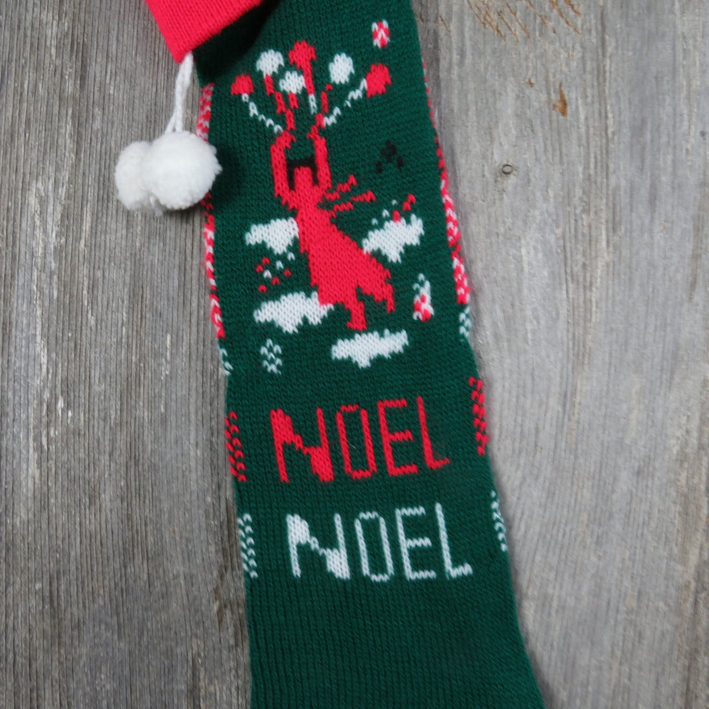 Vintage Knit Balloon Stocking Noel Christmas Knitted Girl In The Air Green Red Clouds Pom Pom