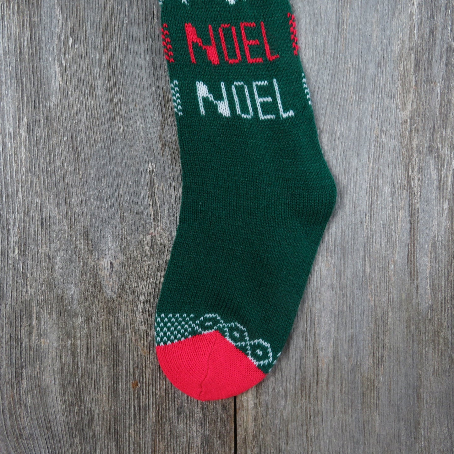 Vintage Knit Balloon Stocking Noel Christmas Knitted Girl In The Air Green Red Clouds Pom Pom