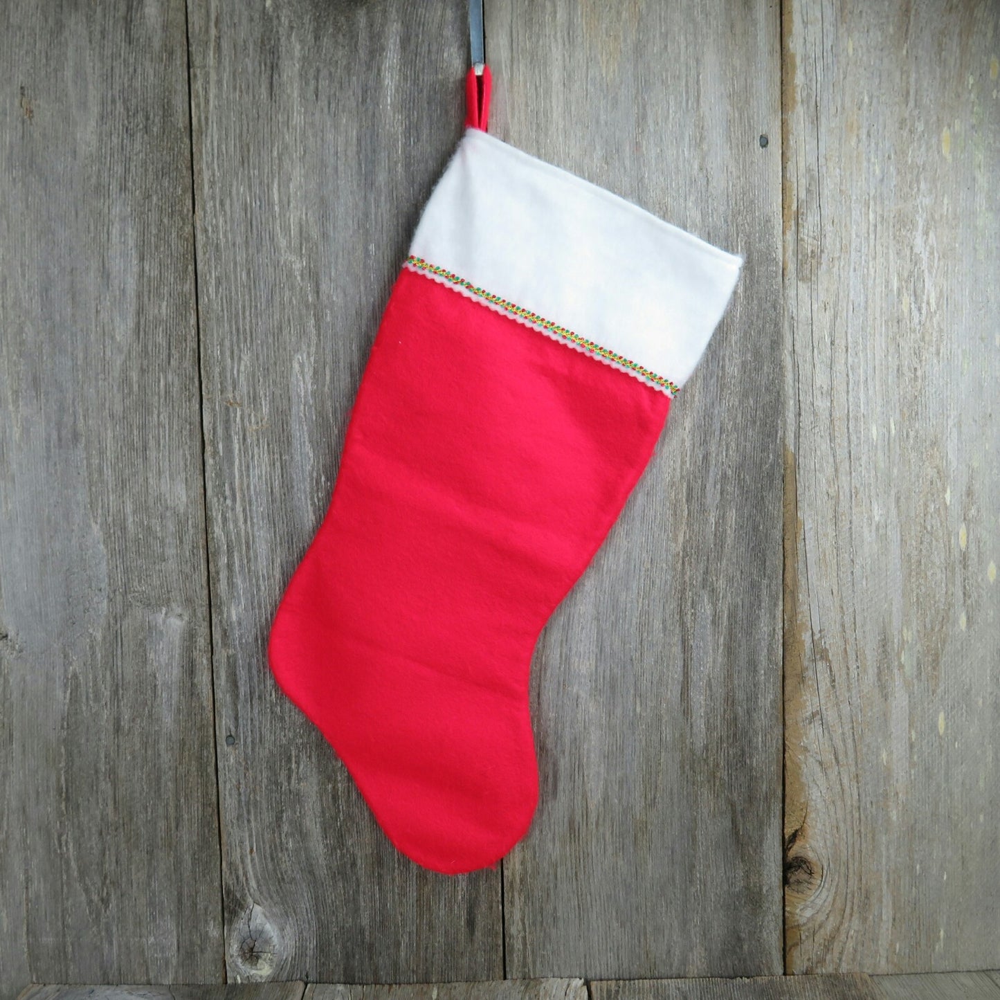 Vintage Fleece Christmas Stocking Red Felt Fuzzy White Cuff Trim Traditional ST111 Holiday Decor - At Grandma's Table