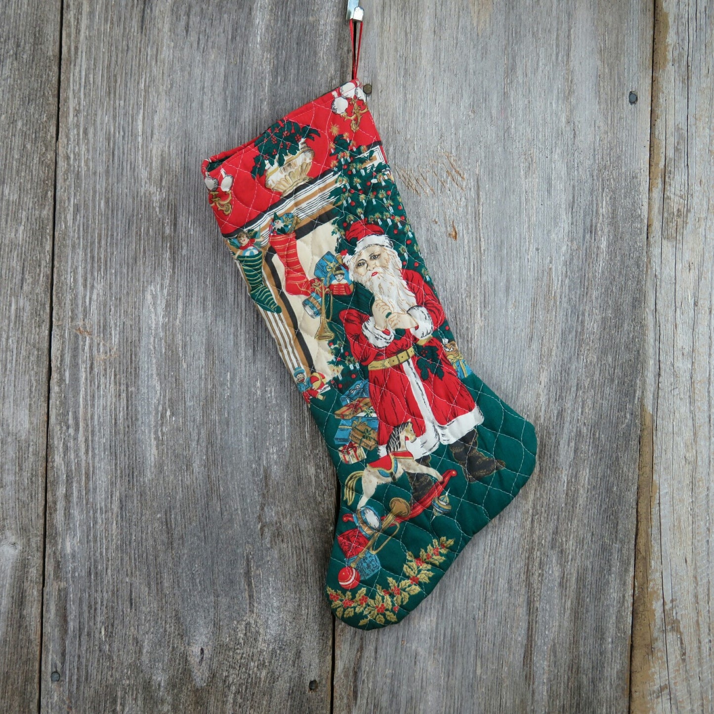 Vintage Santa Stocking Christmas Handmade Quilted Fabric Toys Tree Gifts Rocking Horse ST119 - At Grandma's Table