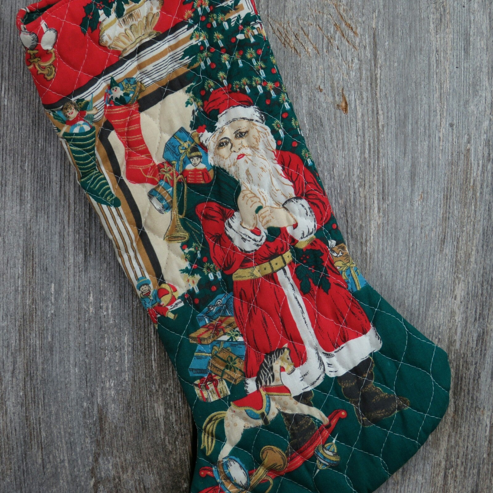 Vintage Santa Stocking Christmas Handmade Quilted Fabric Toys Tree Gifts Rocking Horse ST119 - At Grandma's Table