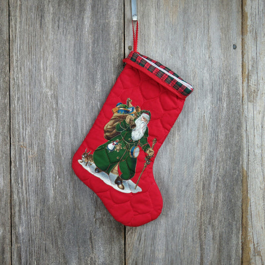 Handmade Santa Stocking Vintage Christmas Quilted Fabirc Blue Green Old World ST120 - At Grandma's Table