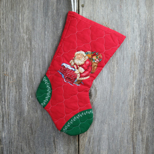 Santa Stocking Vintage Handmade Christmas Quilted Fabric Red Green Chimney ST121 - At Grandma's Table