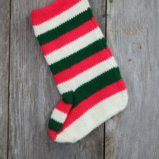Vintage Handmade Striped Stocking Knitted Knit Christmas Red Green White st123 1980s - At Grandma's Table