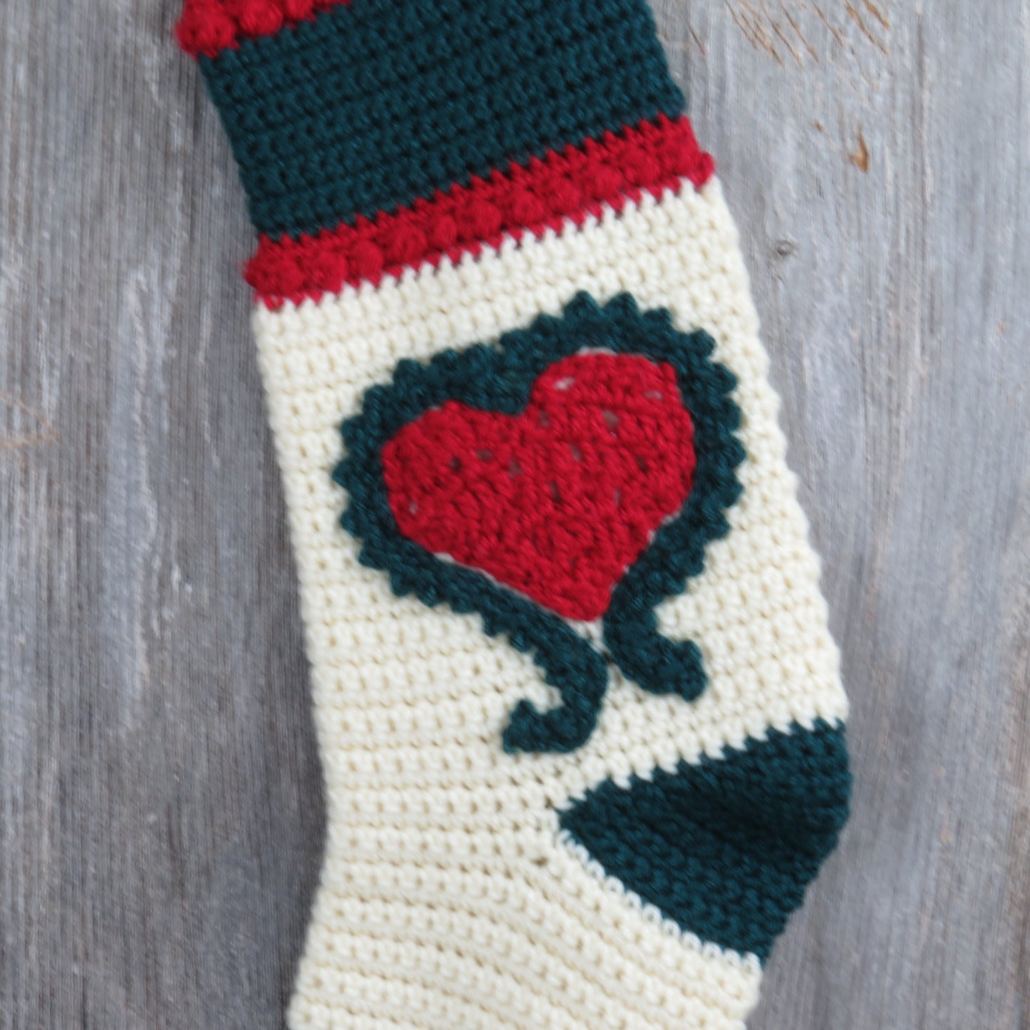 Vintage Handmade Heart Stocking Crochet Christmas Red Green White ST125 Holiday Decor - At Grandma's Table