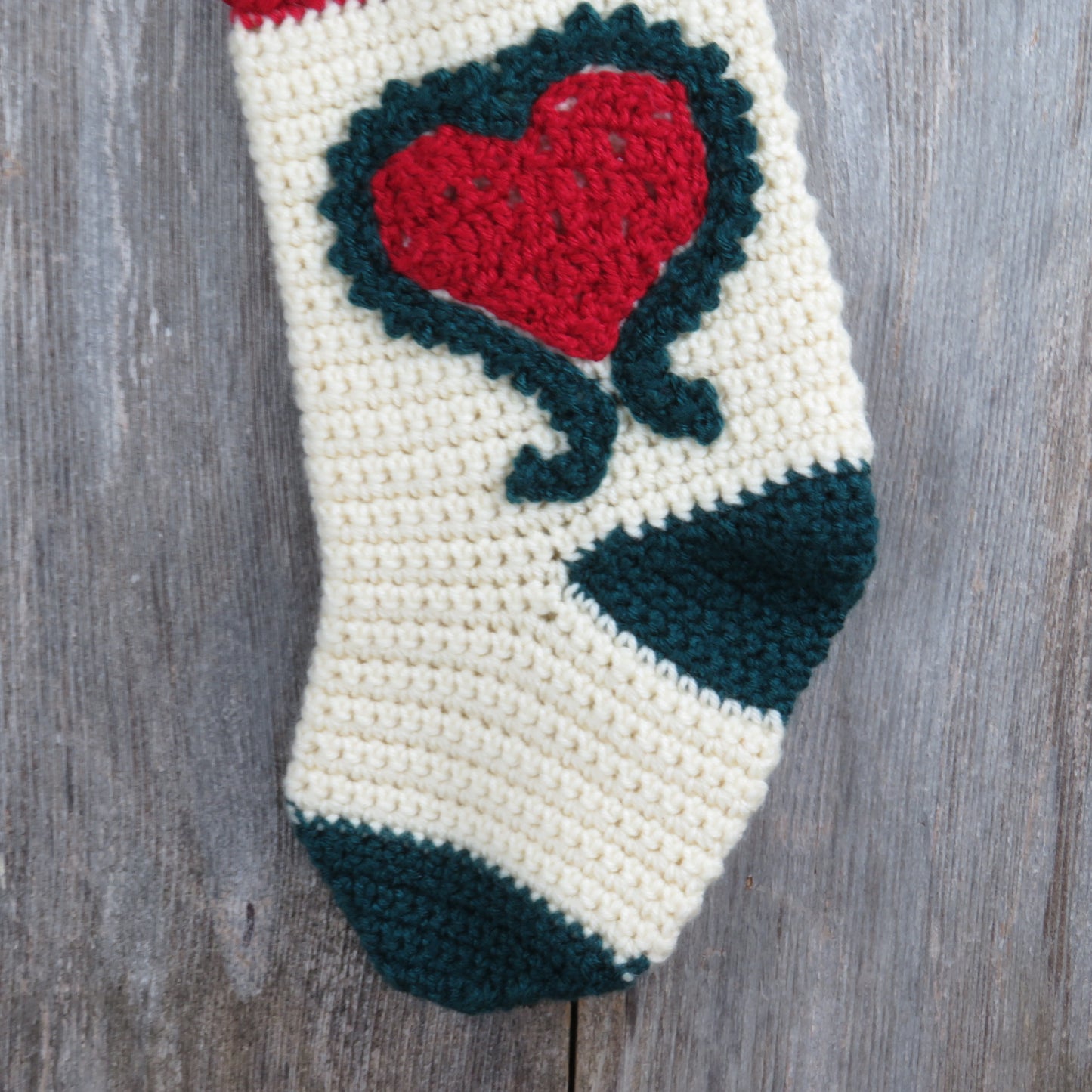 Vintage Handmade Heart Stocking Crochet Christmas Red Green White ST125 Holiday Decor - At Grandma's Table