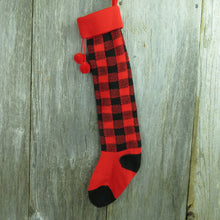 Load image into Gallery viewer, Vintage Buffalo Plaid Knit Stocking Christmas Depart 56 Red Black Logger Cabin Lodge Holiday Decor 1980s - At Grandma&#39;s Table