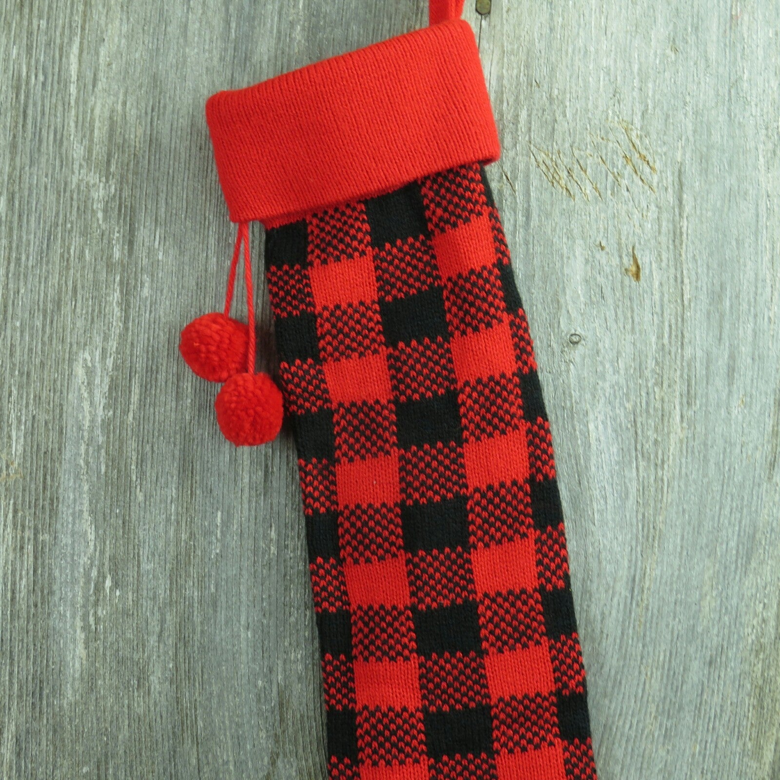Vintage Buffalo Plaid Knit Stocking Christmas Depart 56 Red Black Logger Cabin Lodge Holiday Decor 1980s - At Grandma's Table