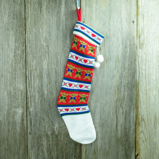 Vintage Knit Teddy Bear Stocking Kurt Adler Christmas Red White Hearts Striped Holiday Decor 1980s - At Grandma's Table