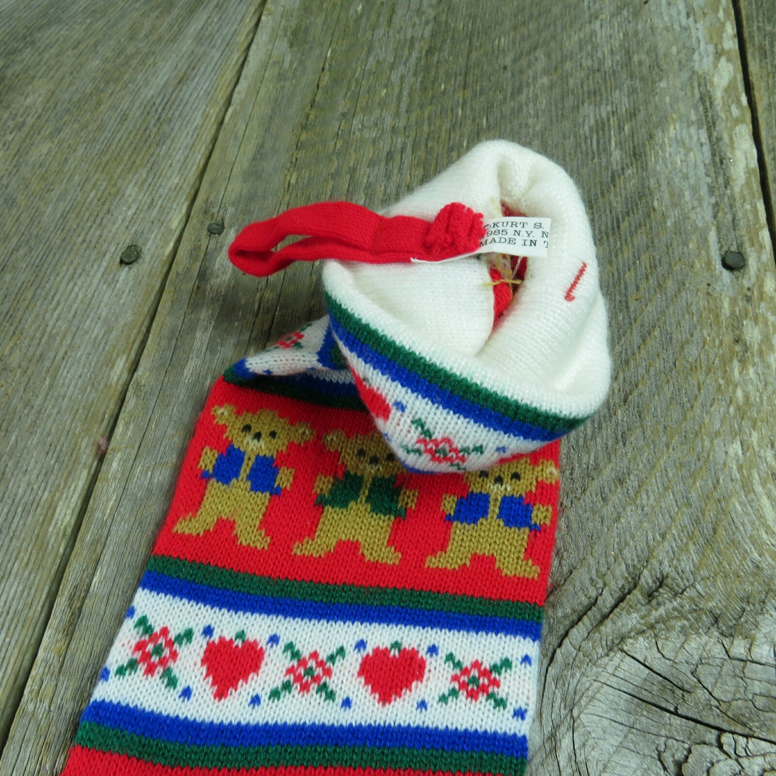 Vintage Knit Teddy Bear Stocking Kurt Adler Christmas Red White Hearts Striped Holiday Decor 1980s - At Grandma's Table