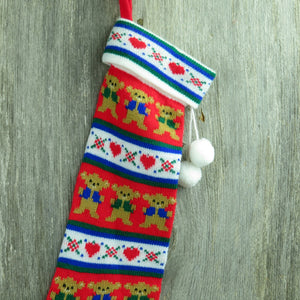 Vintage Knit Teddy Bear Stocking Kurt Adler Christmas Red White Hearts Striped Holiday Decor 1980s - At Grandma's Table