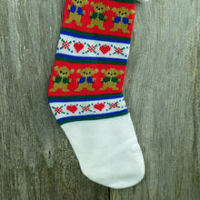 Load image into Gallery viewer, Vintage Knit Teddy Bear Stocking Kurt Adler Christmas Red White Hearts Striped Holiday Decor 1980s - At Grandma&#39;s Table