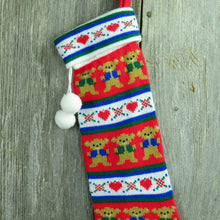 Load image into Gallery viewer, Vintage Knit Teddy Bear Stocking Kurt Adler Christmas Red White Hearts Striped Holiday Decor 1980s - At Grandma&#39;s Table