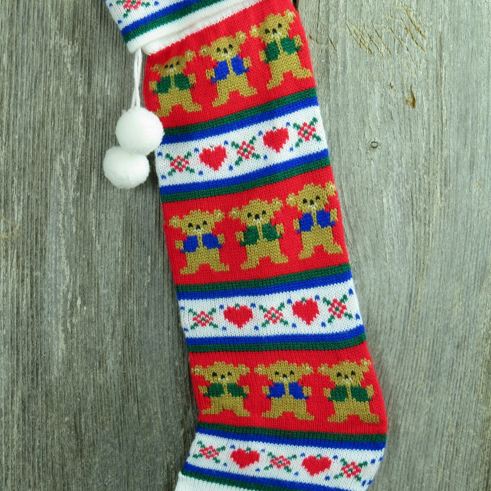 Vintage Knit Teddy Bear Stocking Kurt Adler Christmas Red White Hearts Striped Holiday Decor 1980s - At Grandma's Table