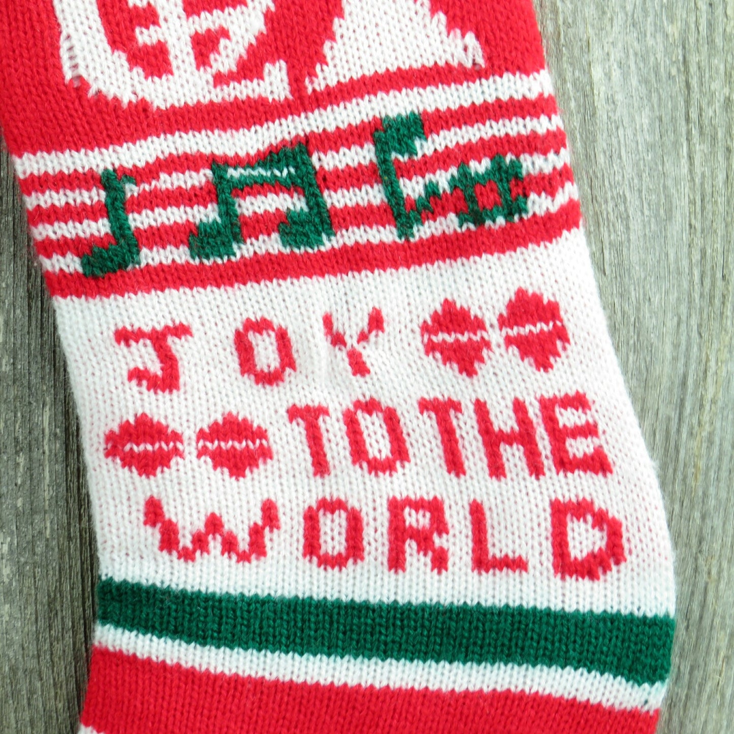 Vintage Knit Music Stocking Horns Christmas Red White Joy To The World Notes Holiday Decor 1980s - At Grandma's Table