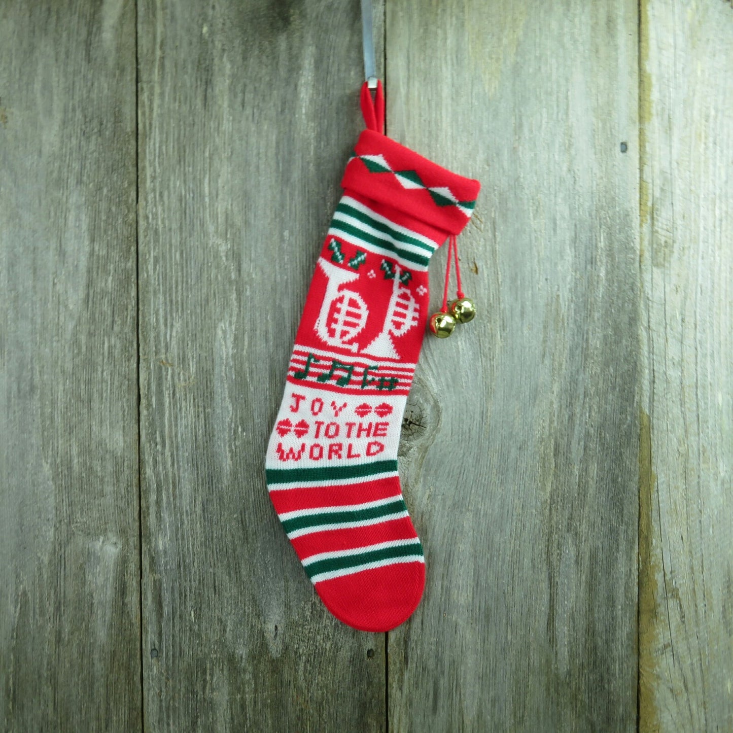 Vintage Knit Music Stocking Horns Christmas Red White Joy To The World Notes Holiday Decor 1980s - At Grandma's Table