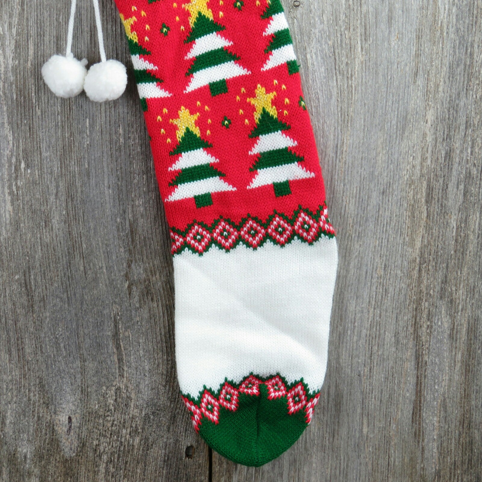 Vintage Tree Striped Stocking Knit Red Green Christmas Knitted Star White Poms Holiday Decor 1980s - At Grandma's Table